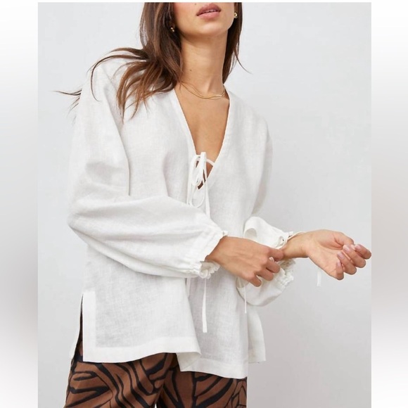 Rails Tops - RAILS Myra Tie Neck Linen Top In White Size M-L
